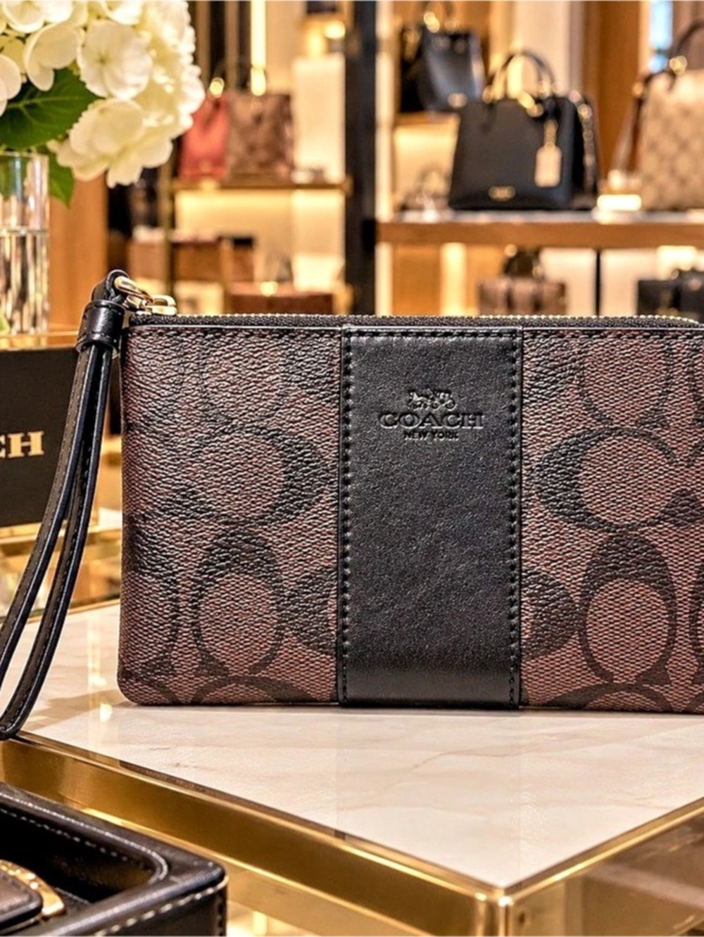 Coach Corner Zip Wristlet In Signature Canvas With Stripe, Brown & Black
